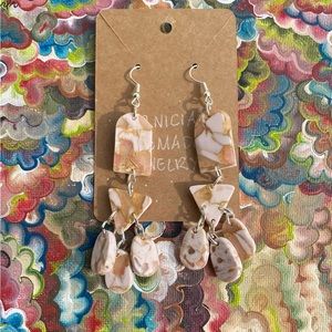 Pink, white, and gold handmade marbled dangle earrings